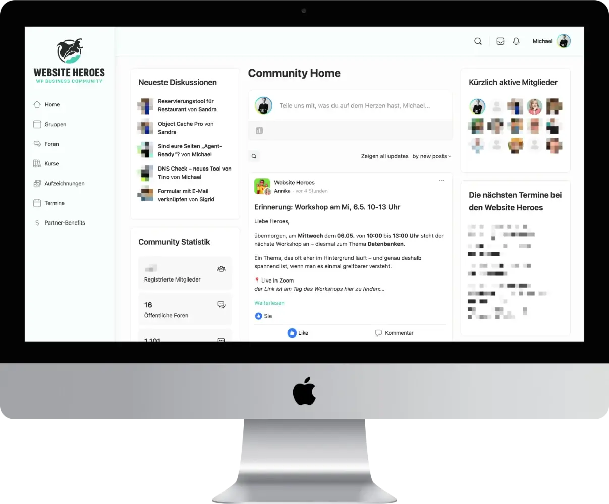 Blick in den Mitgliederbereich der Website Heroes